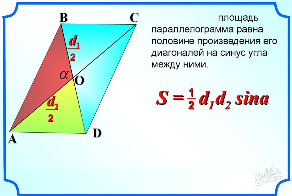 Произведение диагоналей четырехугольника равно. Площадь параллелограмма через диагонали. Площадь параллелограмма через синус. Площадь параллелограмма через диагонали и синус угла между ними. Произведение диагоналей на синус угла между ними.